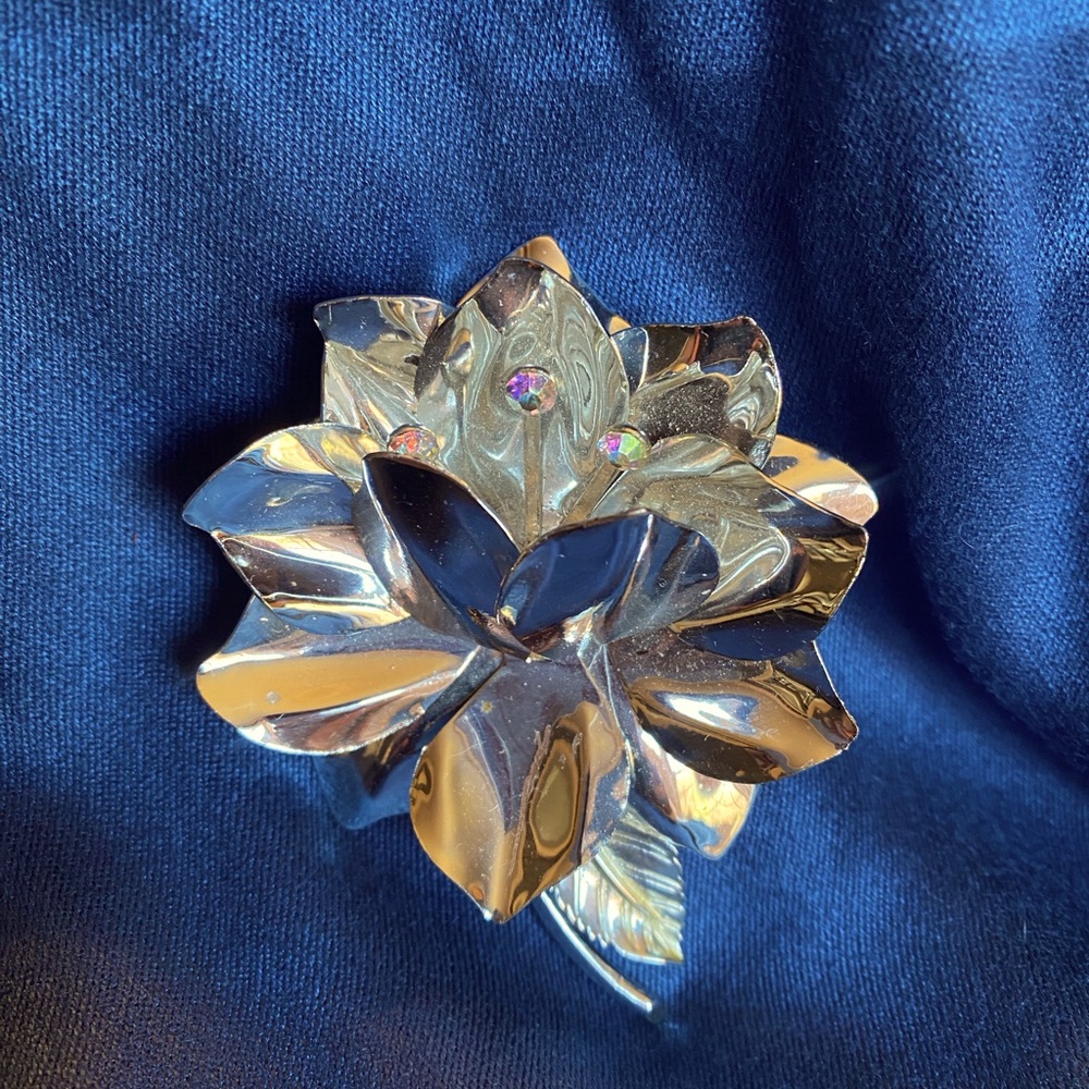 Vintage PARKLANE Rose Rhinestone Silver Brooch